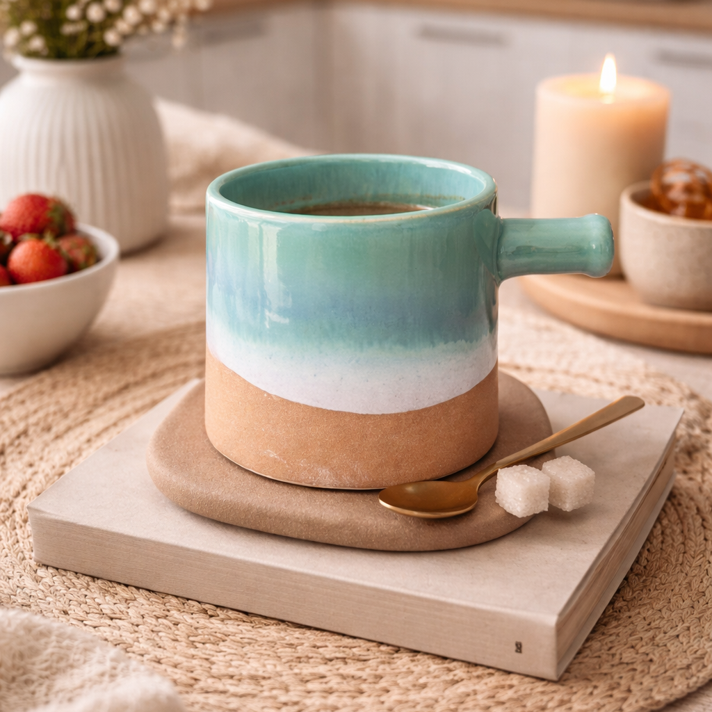 Two-tone ceramic mug on a wooden coaster with a candle and fruit bowl in the background, featuring 'ace the space' branding.