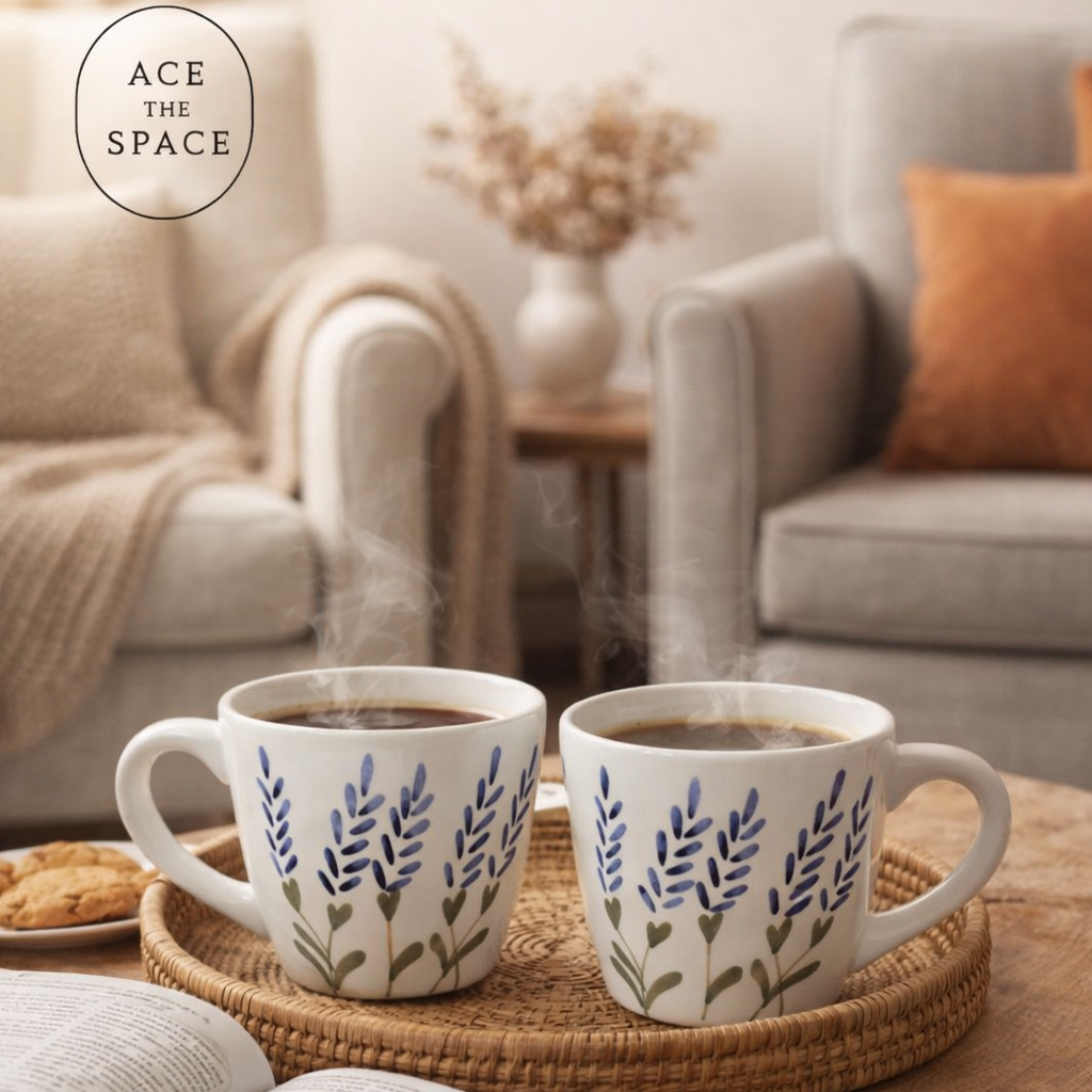 Two mugs with floral designs on a woven tray on a wooden table, with a cozy living room in the background.