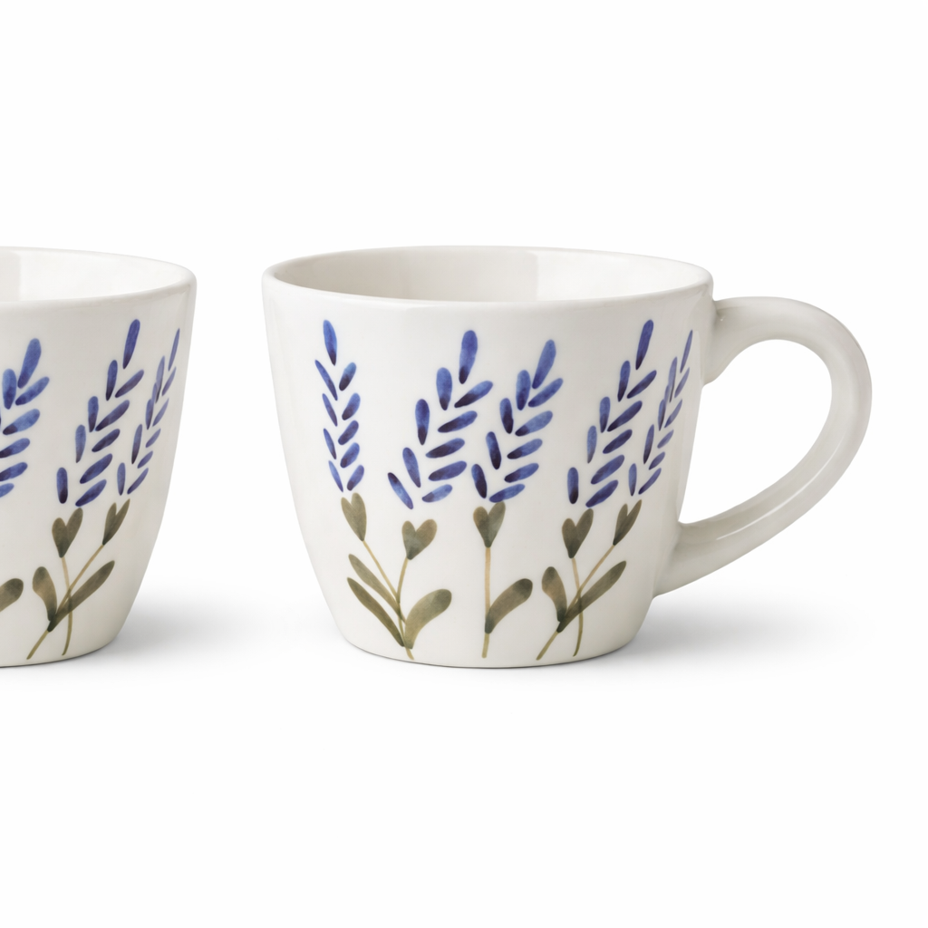 Two white mugs with floral designs on a white background
