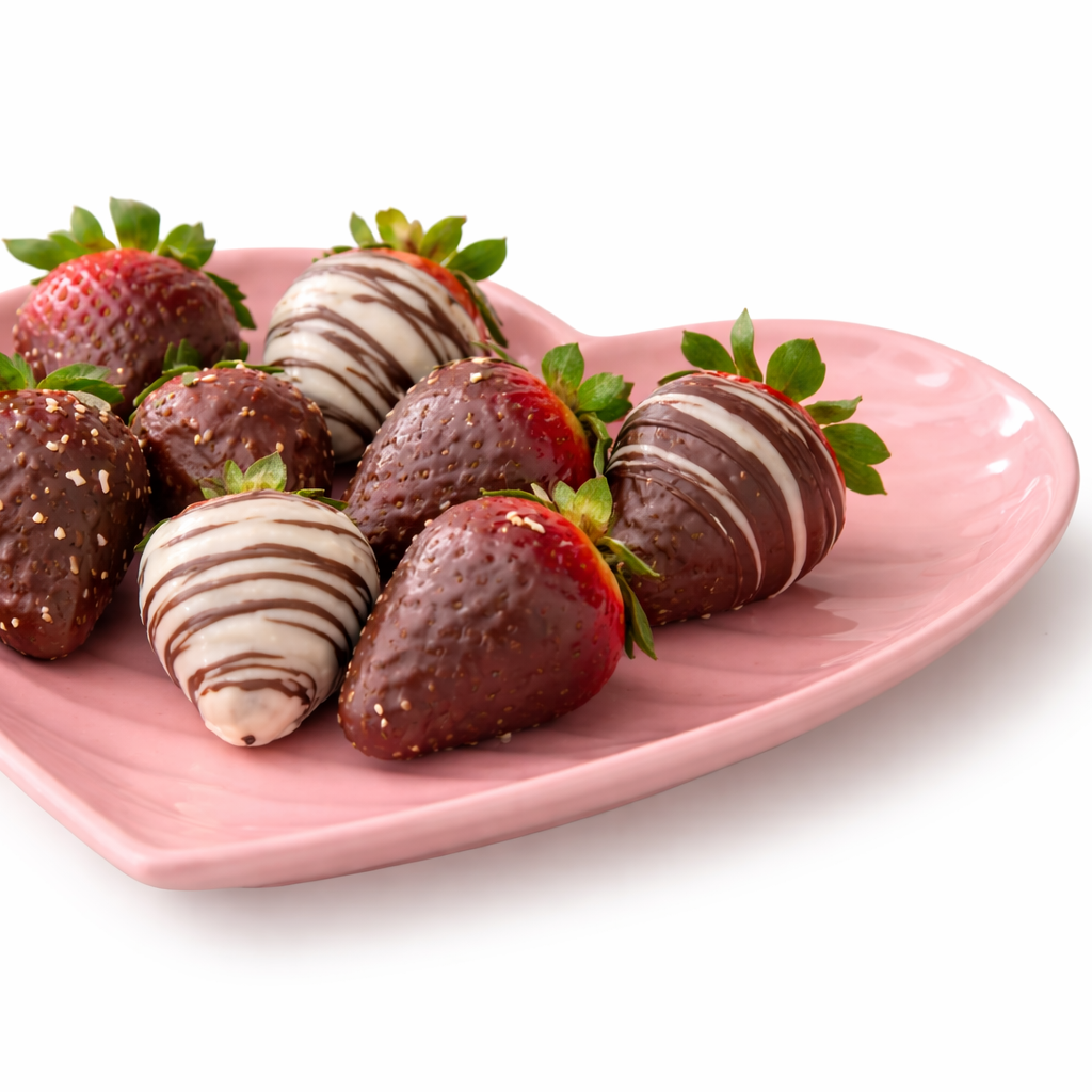 Chocolate-dipped strawberries on a pink heart-shaped plate