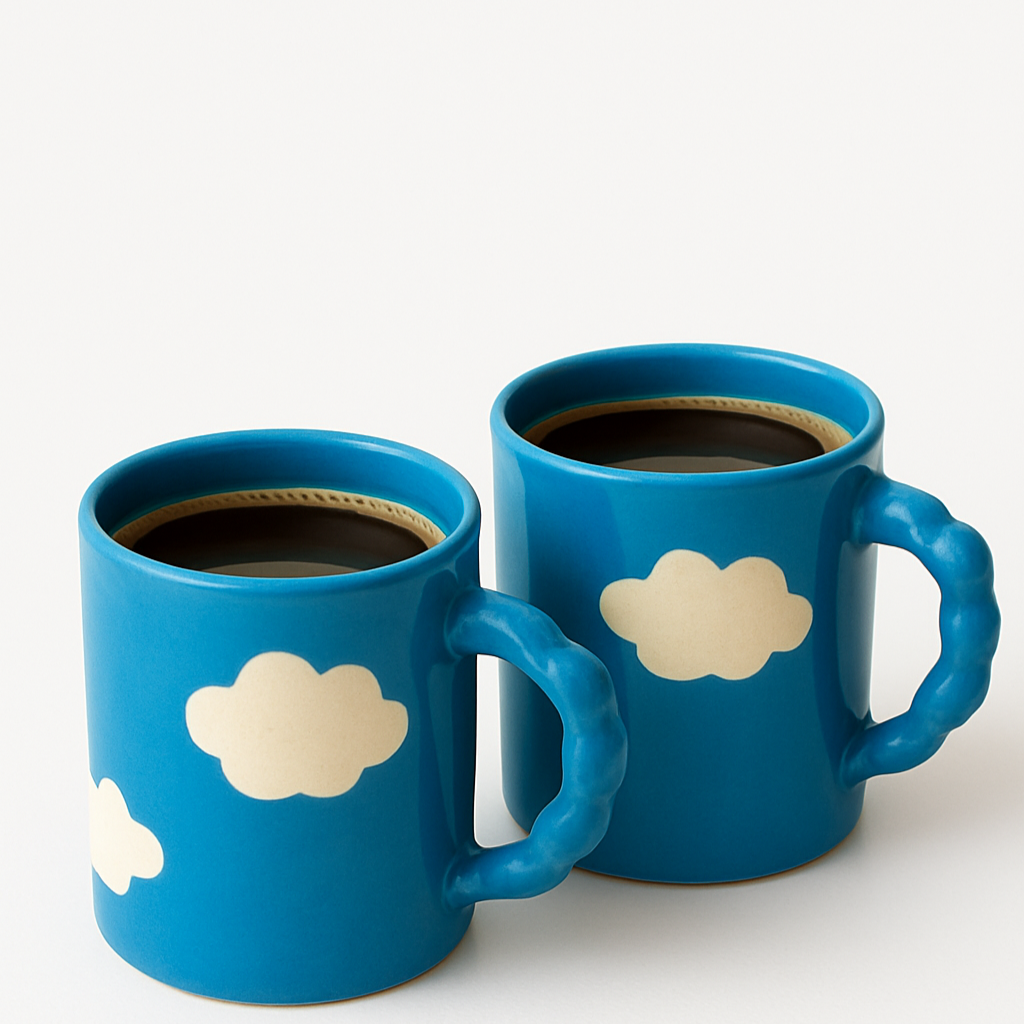Blue mug with cloud design on a wooden surface with warm lighting in the background