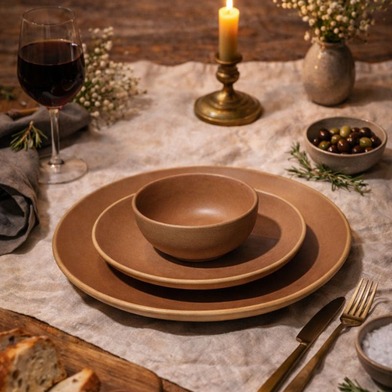 Dining table setting with brown ceramic plates, bowl, and bread on a wooden surface.