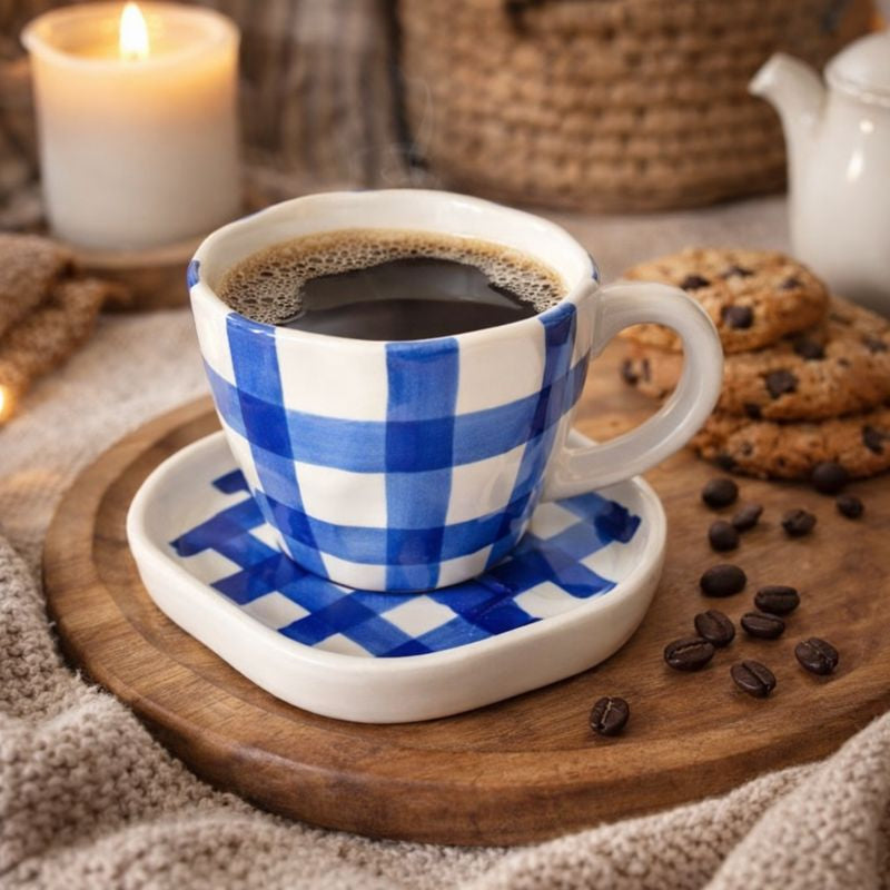 Blue Check Cup and Saucer Set (set of 1)| Pinterest Inspired Design