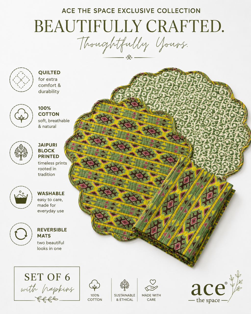 Sage Weave Artisan Placemats ( SET OF 6 MATS AND NAPKINS)