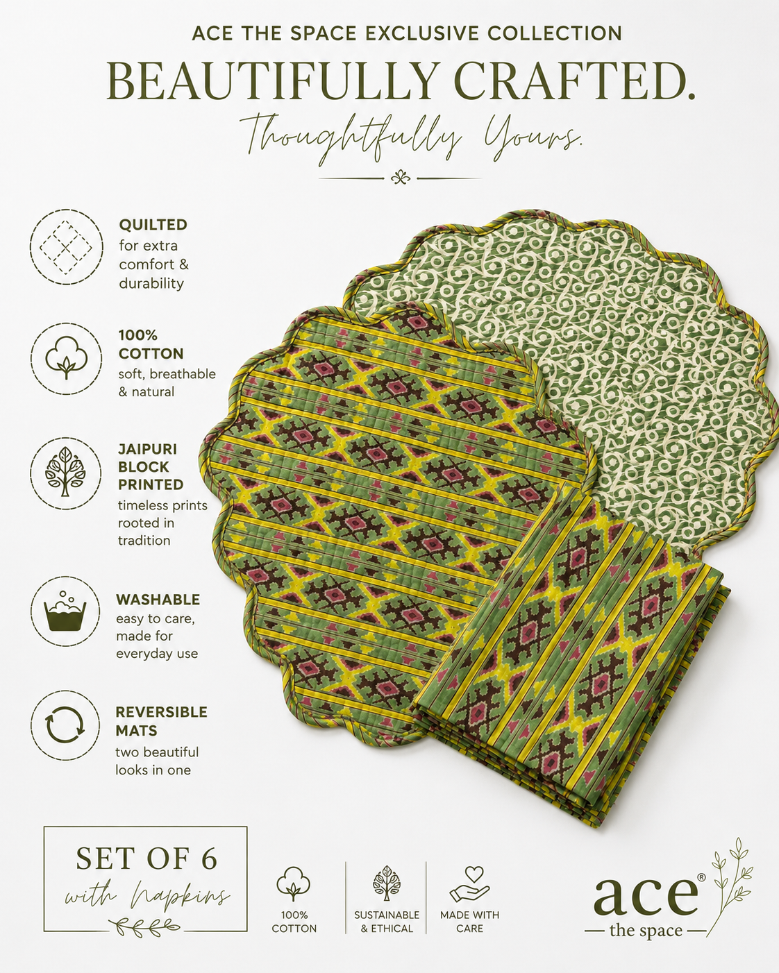 Sage Weave Artisan Placemats ( SET OF 6 MATS AND NAPKINS)
