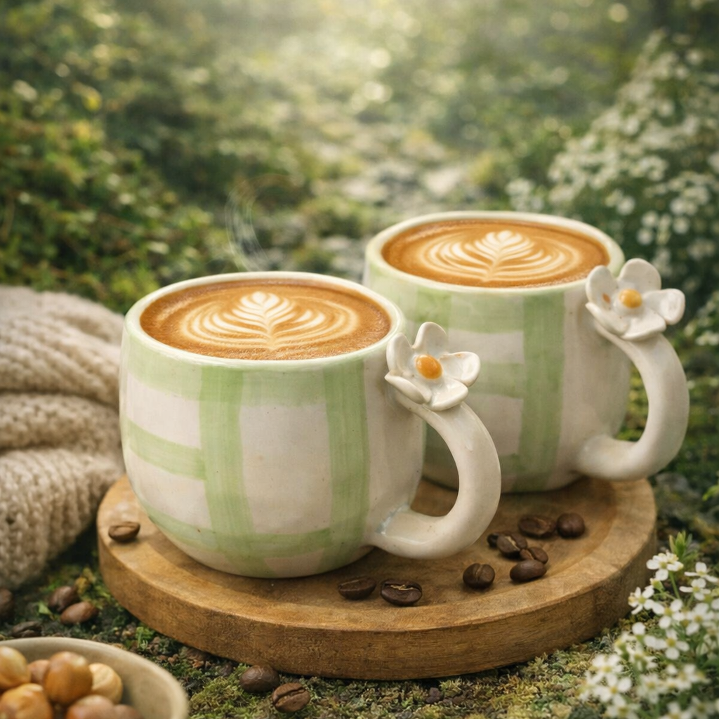 Two green mugs with latte art on a wooden coaster outdoors, surrounded by nature.