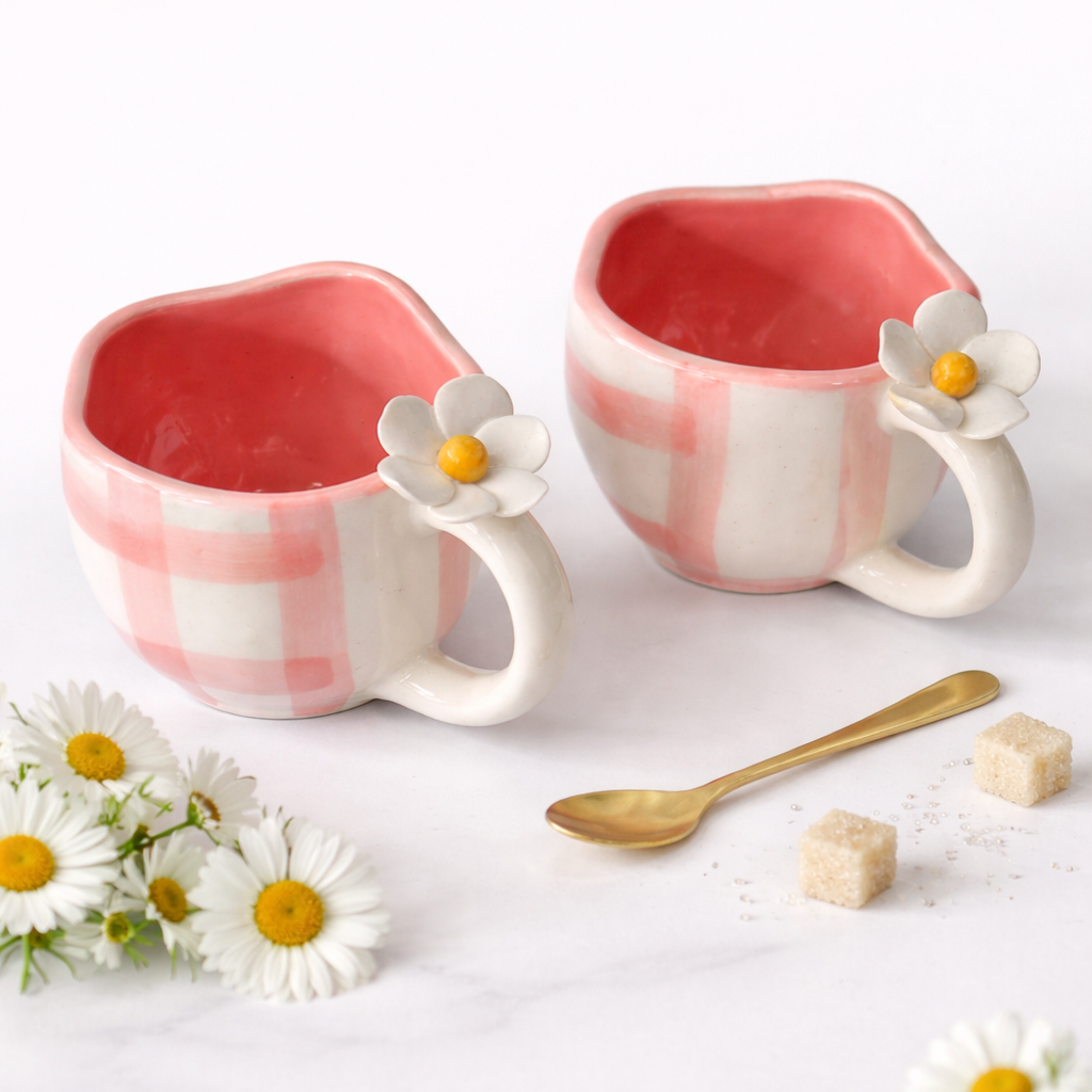 Two ceramic mugs with floral designs on a white surface with daisies and a spoon.