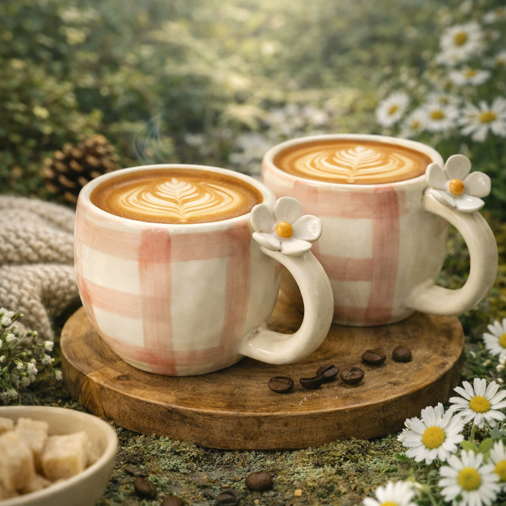 Two checkered coffee mugs with latte art on a wooden coaster with flowers and text 'ace the space' and 'embrace the calm'.