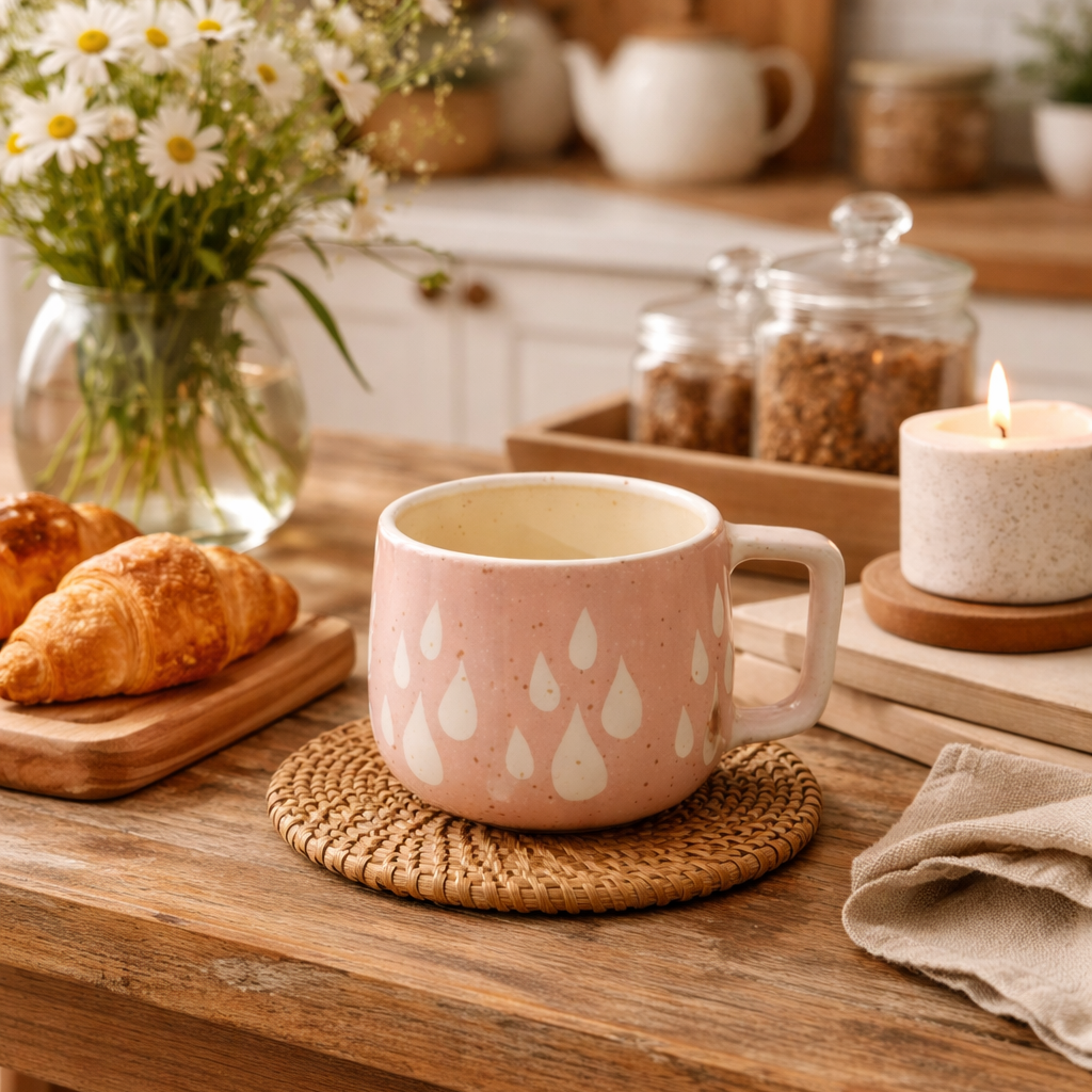 Pink mug with white patterns on a wooden table in a kitchen setting