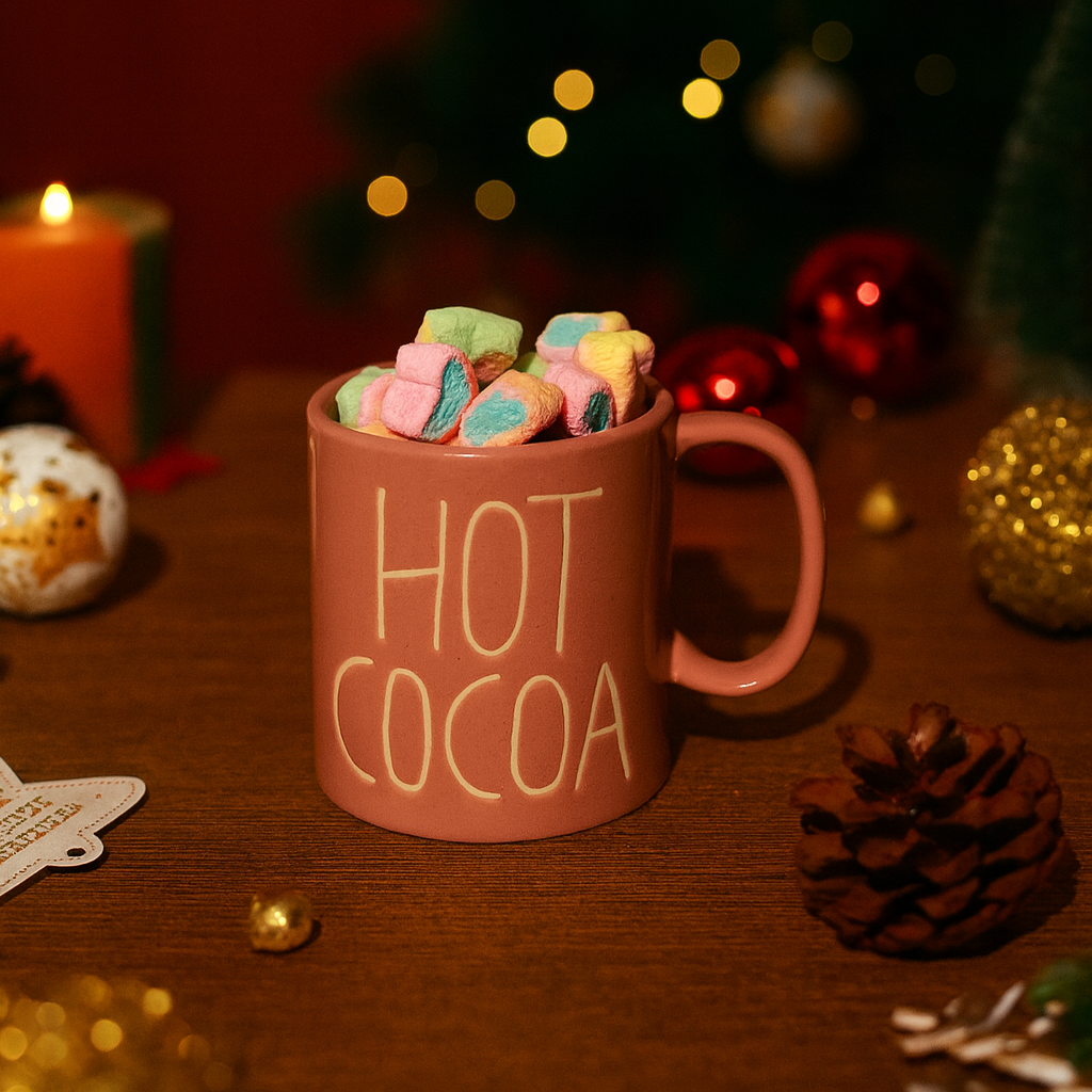 Pink mug labeled 'Hot Cocoa' with colorful marshmallows on a wooden surface with Christmas decorations.