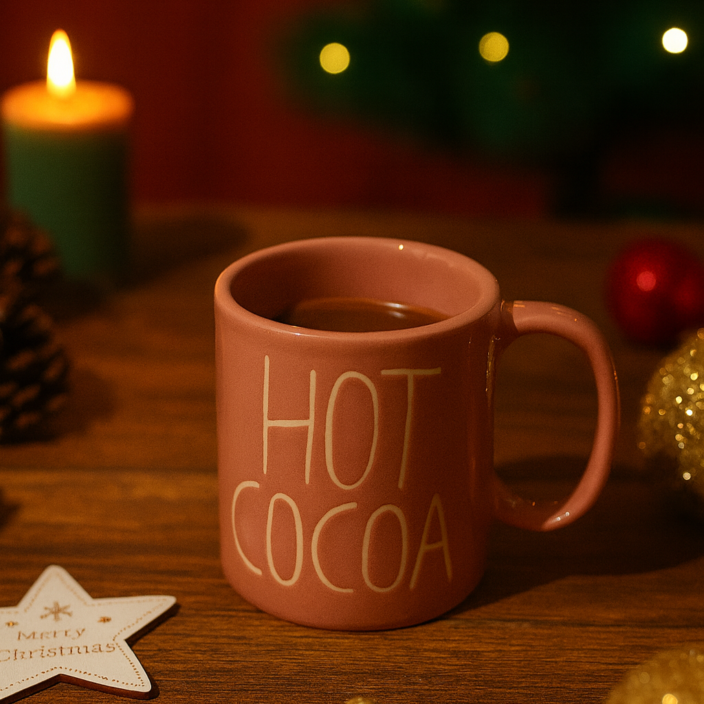 Pink mug labeled 'Hot Cocoa' on a wooden surface with Christmas decorations.