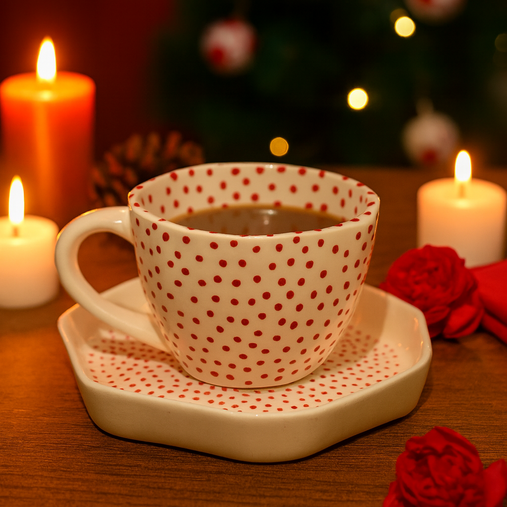Ceramic cup with red polka dots on a saucer, surrounded by candles and flowers, with a blurred Christmas tree in the background.