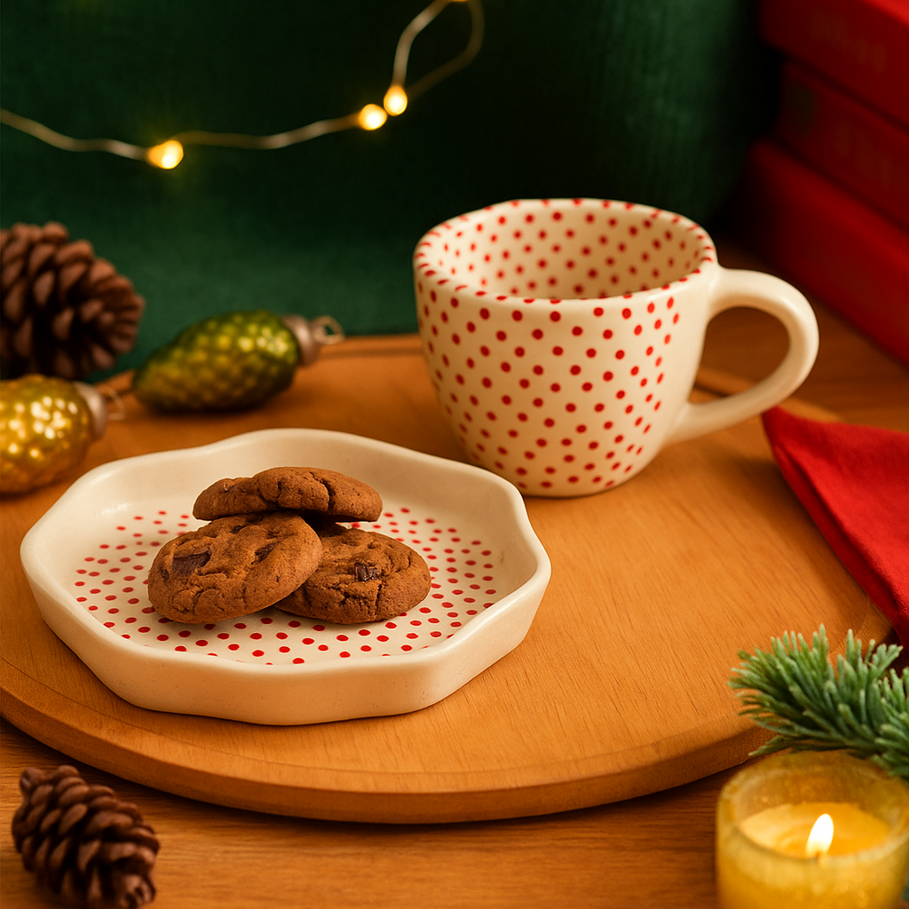 Polka dot mug with cookies on a wooden tray, Christmas decorations in the background