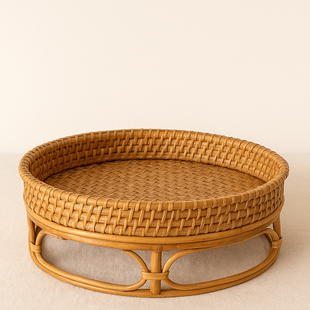 Woven rattan coffee table on a beige background