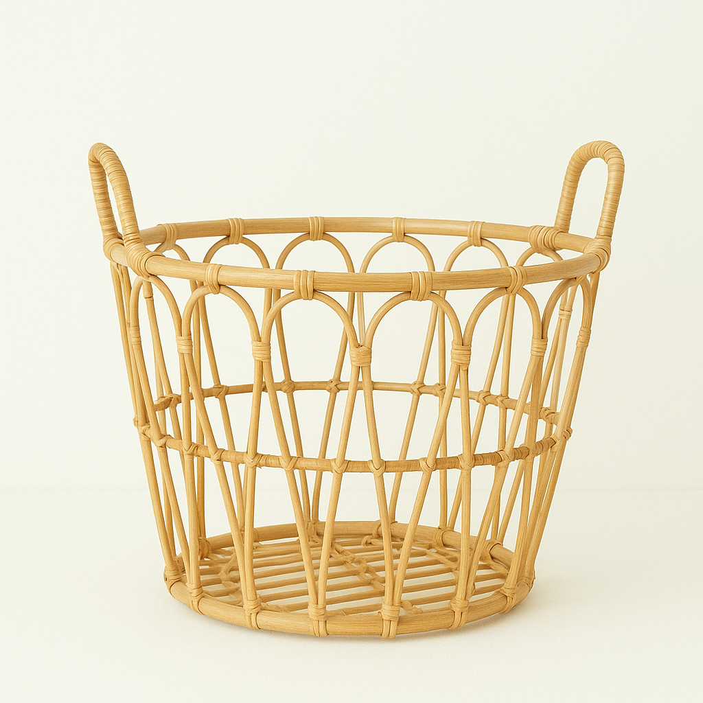 Woven rattan basket on a white background