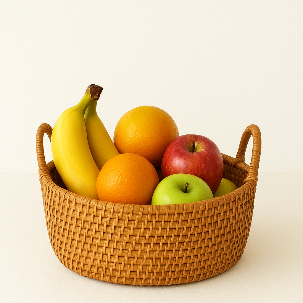 Fruit basket with bananas, oranges, and apples on a white background
