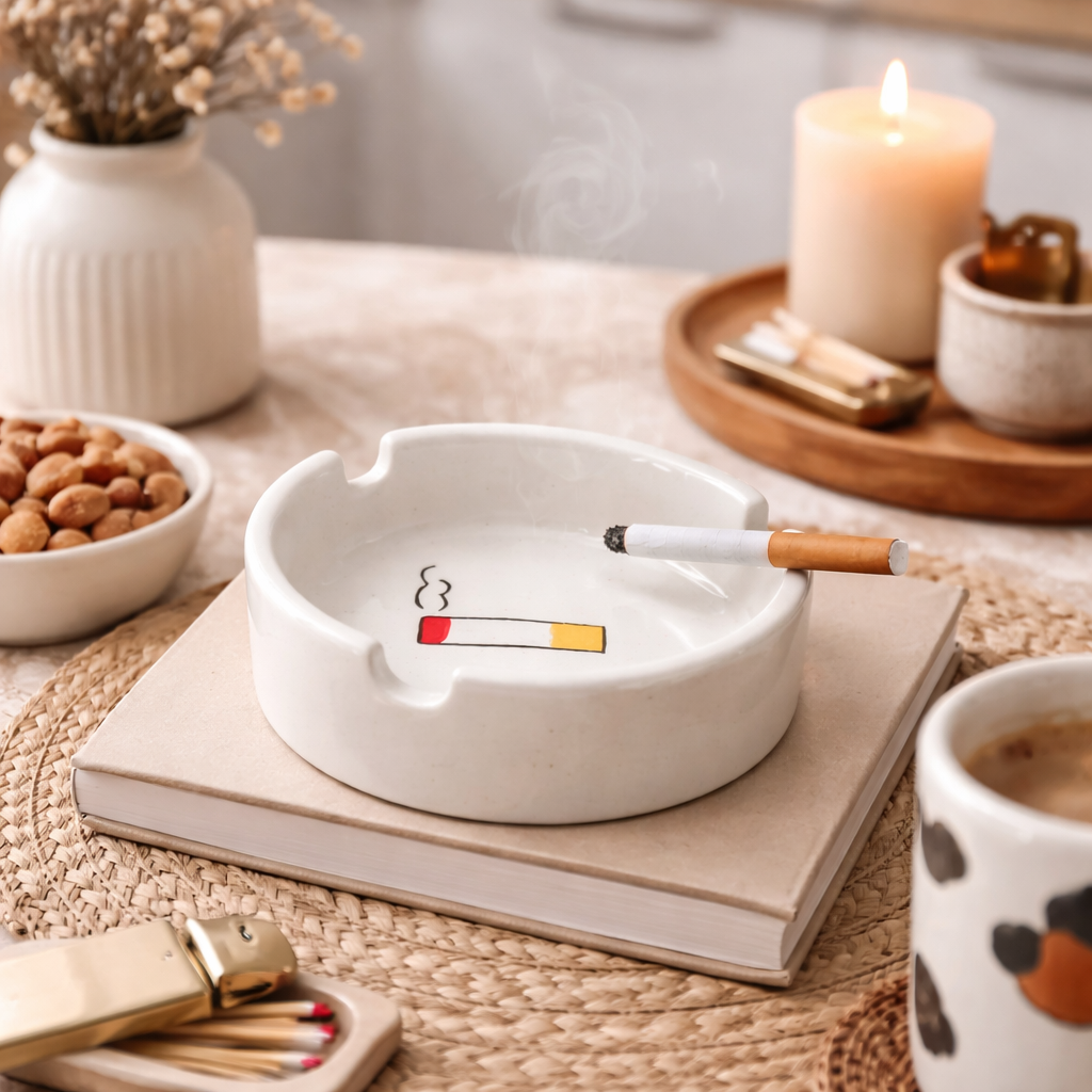 White ceramic ashtray with a cigarette design on a table with candles, nuts, and a cup.