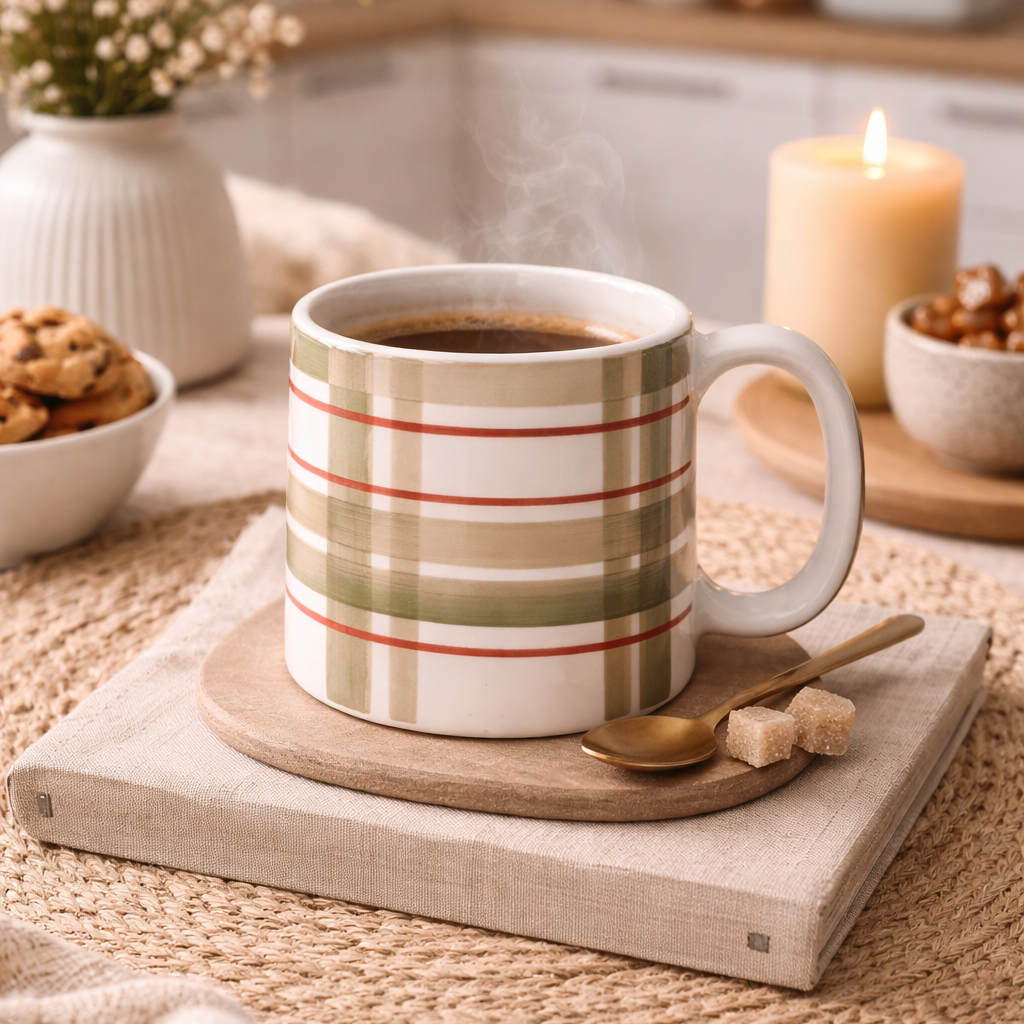 Striped mug with steaming coffee on a wooden coaster, surrounded by cookies and a candle, with 'ace the space' branding.