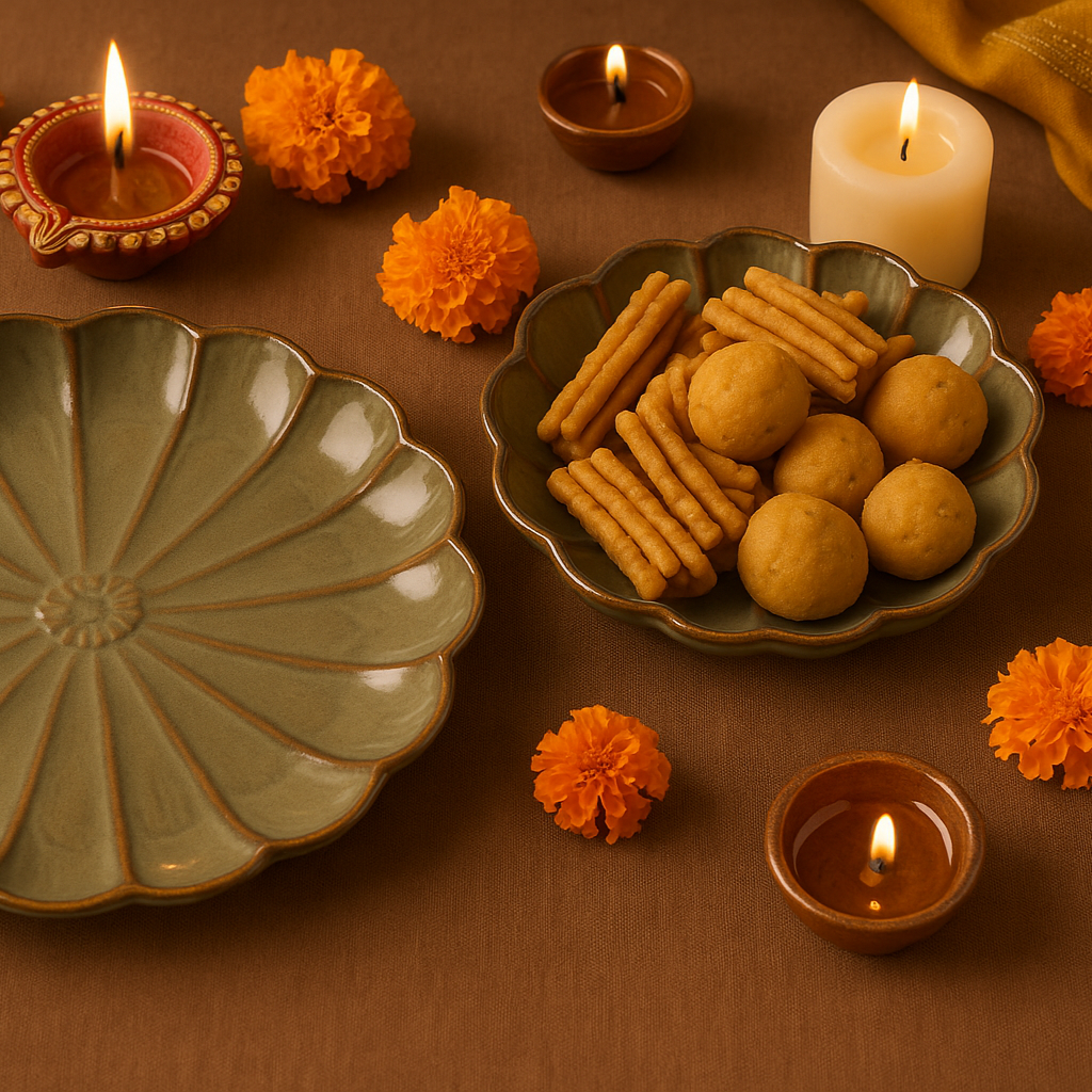 Decorative setting with plates of food, candles, and marigold flowers on a brown background