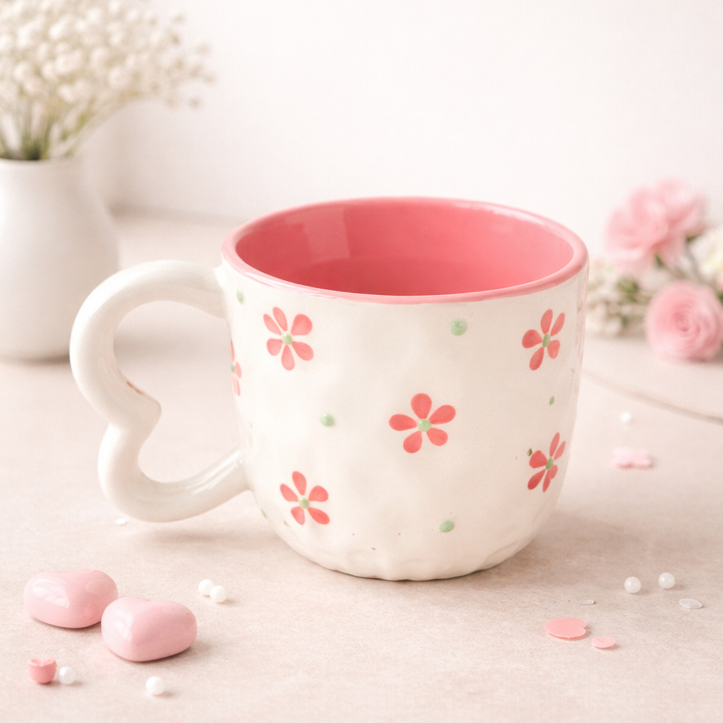 White mug with pink interior and floral patterns on a light surface with flowers in the background