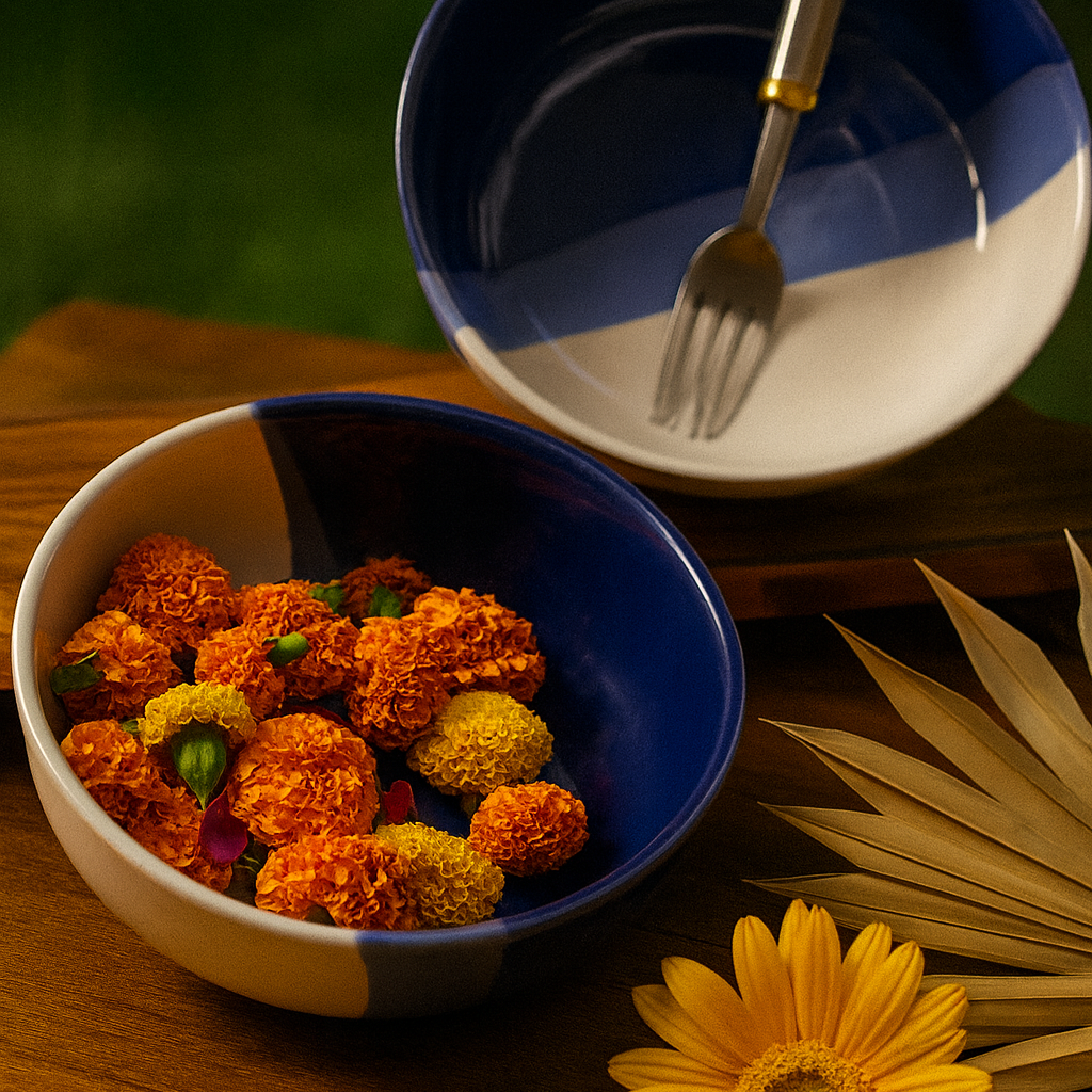 Bowl of colorful flowers next to a blue bowl with a fork on a wooden surface.