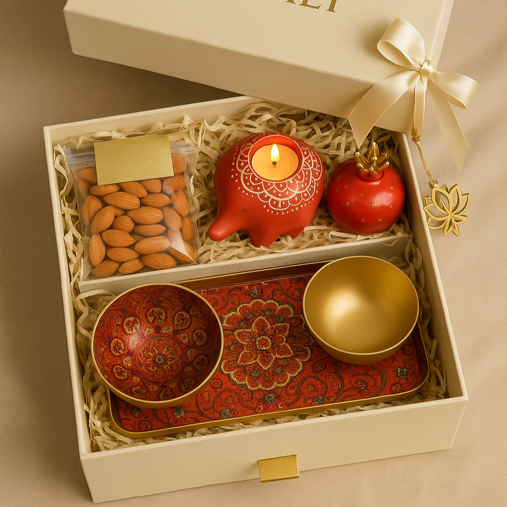 Gift box with Diwali decorations including candles and fruits on a beige background