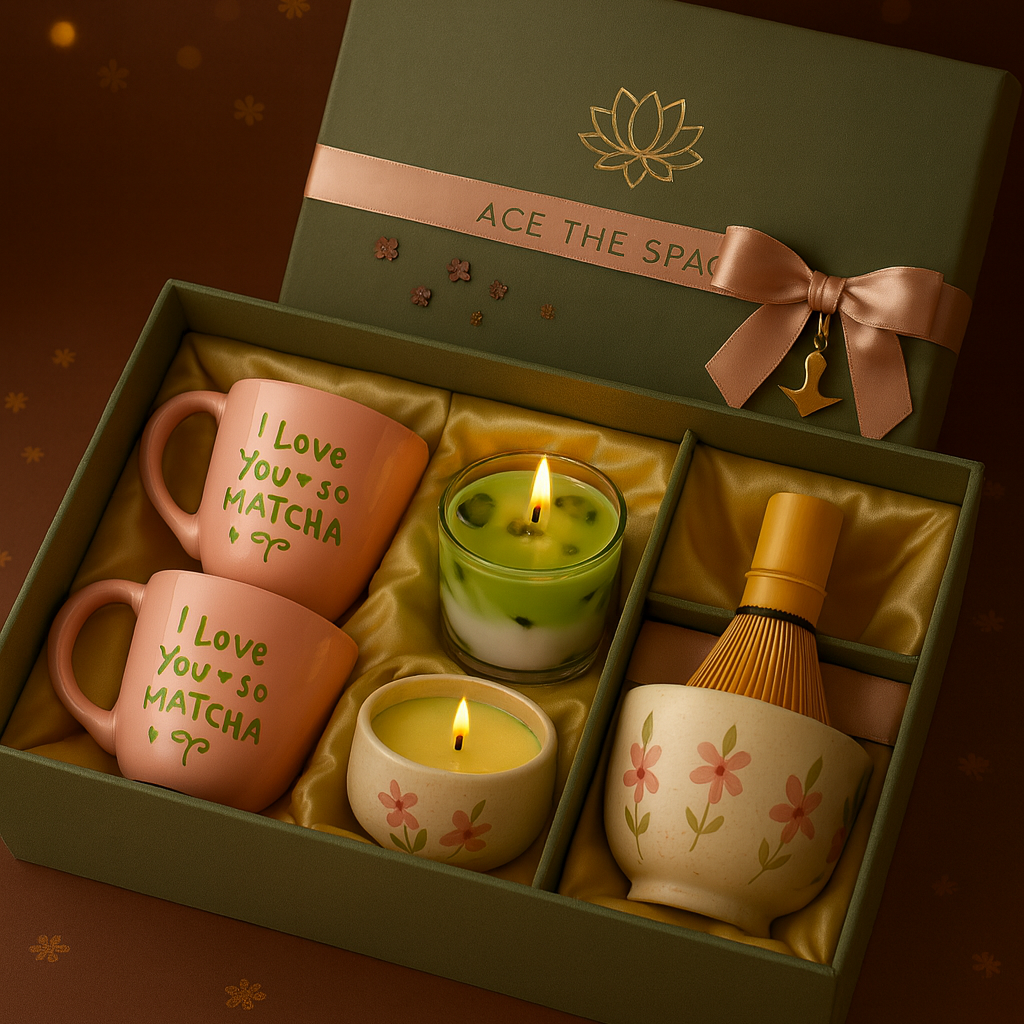 Gift set with mugs, candles, and a whisk in a decorative box on a brown background.