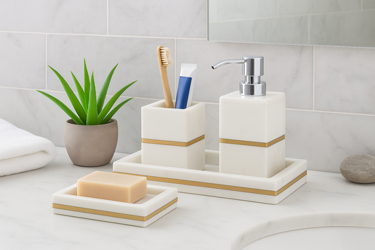 Marble Bathroom Set with Brass Touch – Soap Dispenser, soap dish, tray & Tumbler | Elegant Vanity Decor