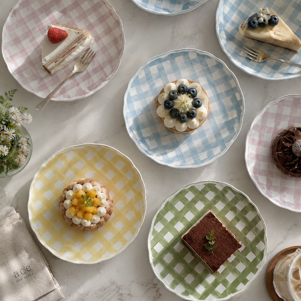 Assorted pastries on checkered plates with a neutral background