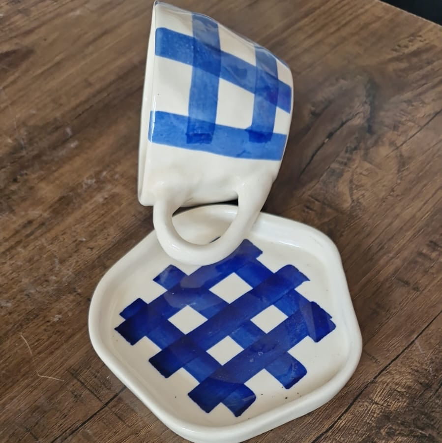 Blue Check Cup and Saucer Set (set of 1)| Pinterest Inspired Design