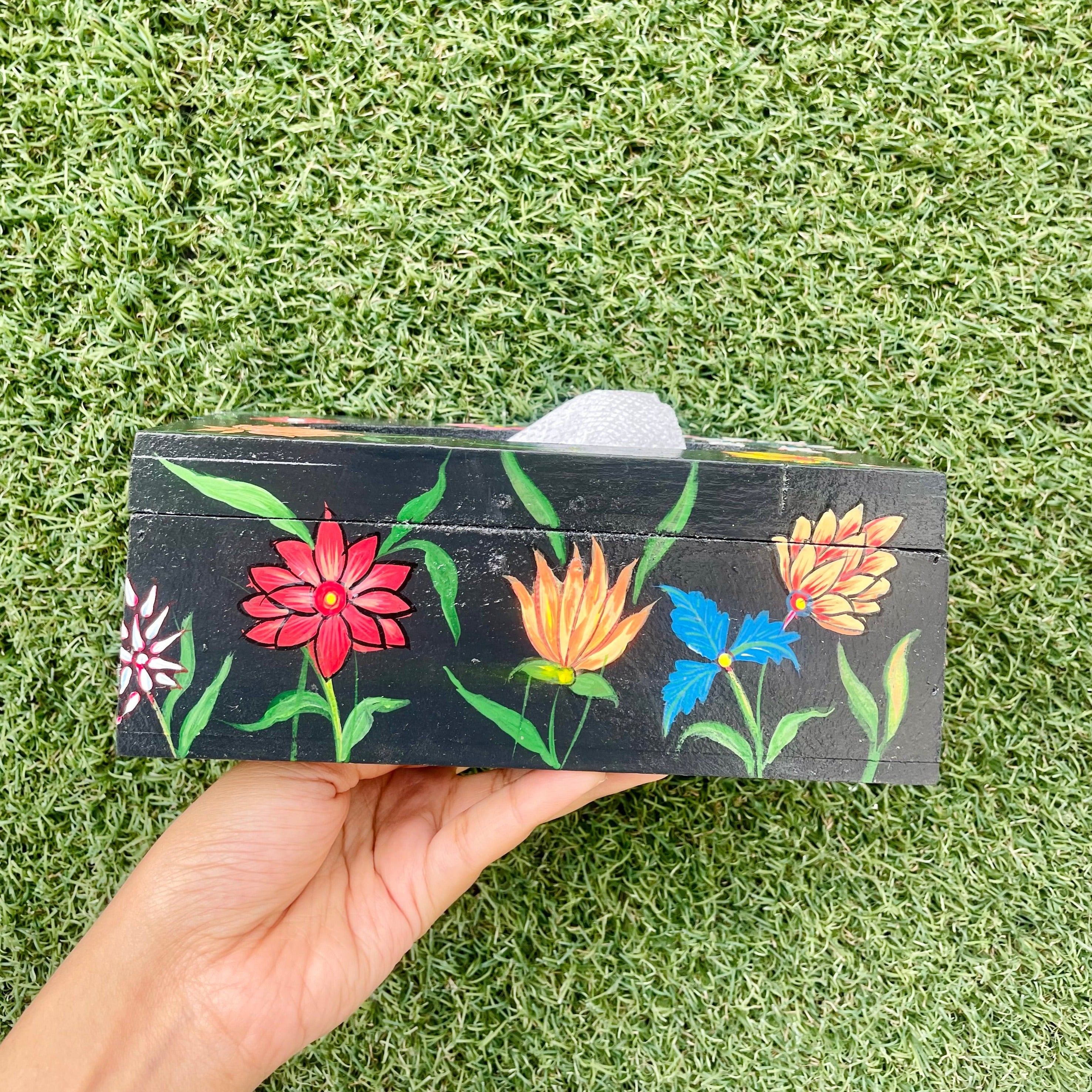 MULTI FLORA BLACK HAND-PAINTED TISSUE BOX