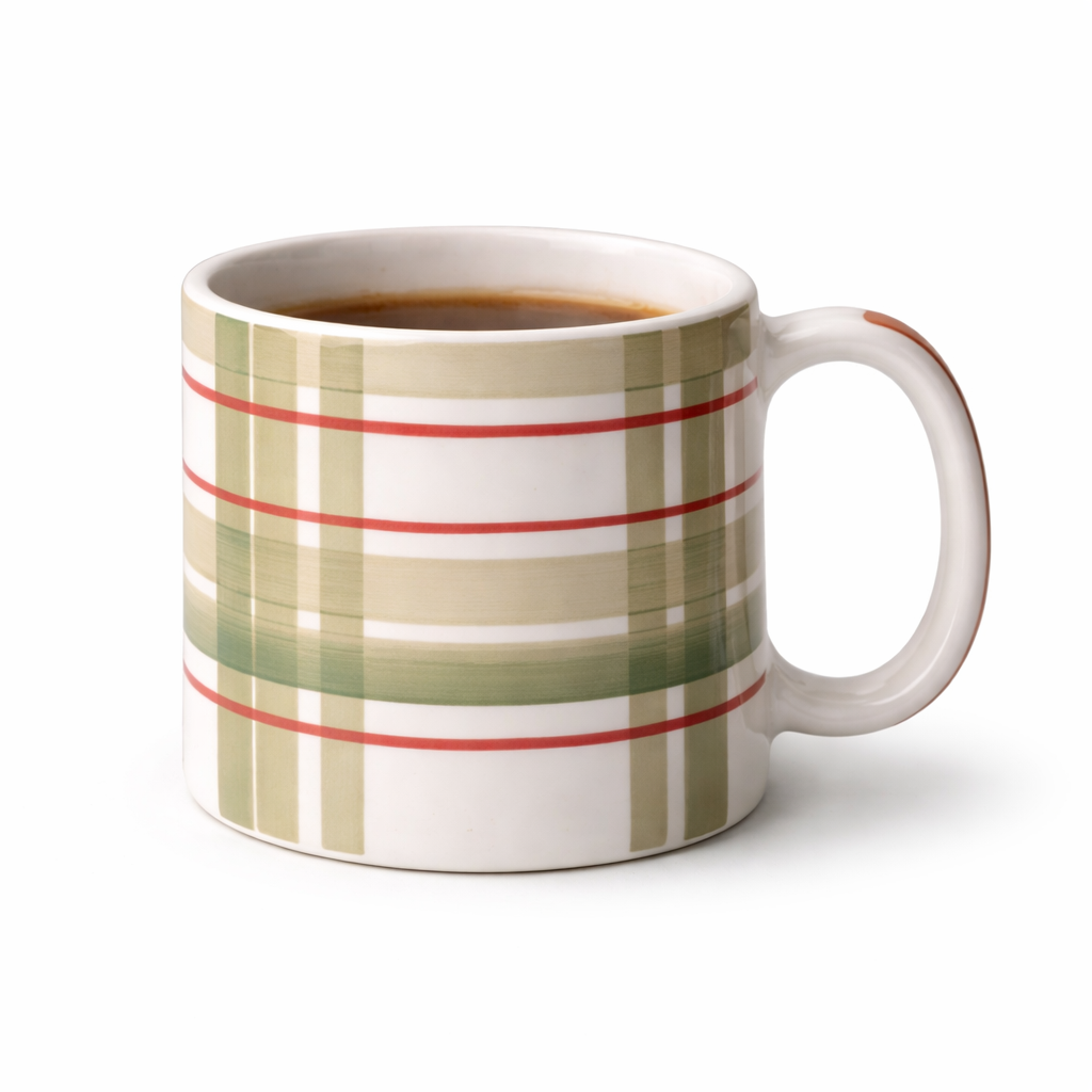 Mug with plaid pattern filled with a dark liquid on a white background