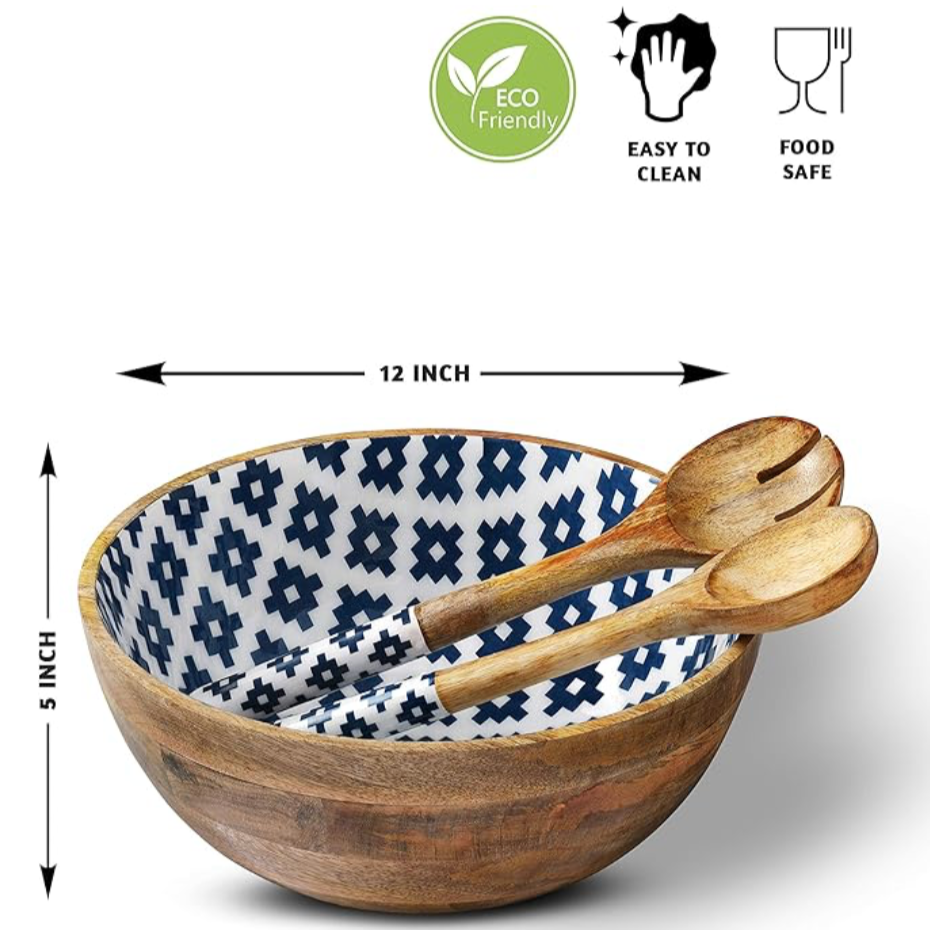 BLUE IMPRESSION SALAD BOWL (SET OF 1 BOWL & MIXING SPOONS)
