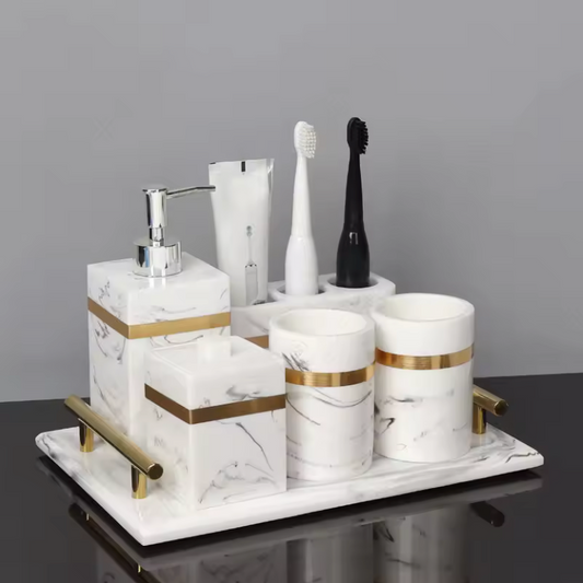White Marble Bathroom Set with Brass Touch – 5 pcs set | Elegant Vanity Decor | Gift-Boxed