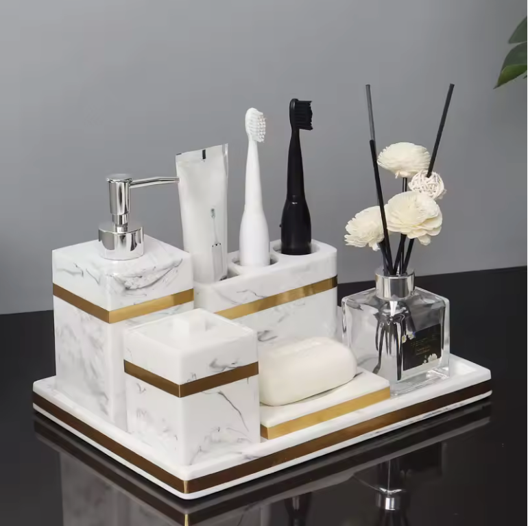 White Marble Bathroom Set with Brass Touch – 5 pcs set | Elegant Vanity Decor | Gift-Boxed