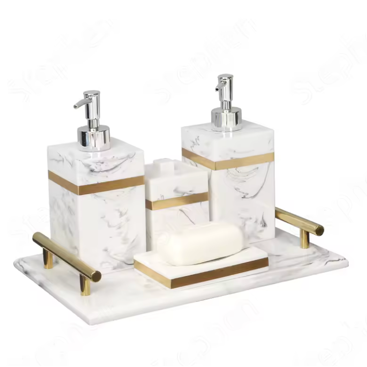White Marble Bathroom Set with Brass Touch – 5 pcs set | Elegant Vanity Decor | Gift-Boxed