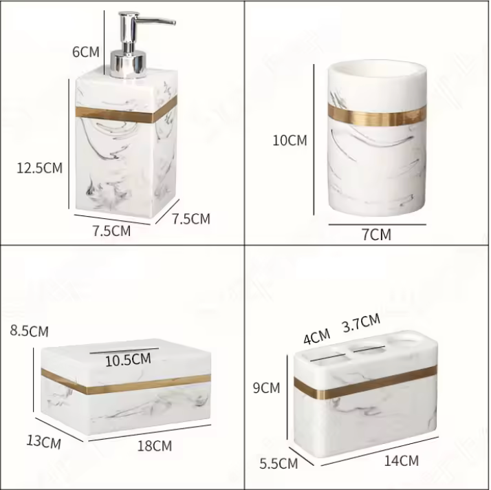 White Marble Bathroom Set with Brass Touch – 5 pcs set | Elegant Vanity Decor | Gift-Boxed