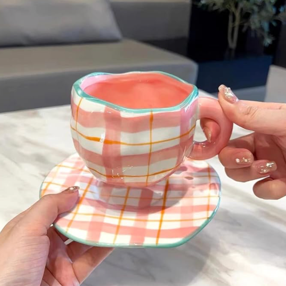 Pink Chequered Cup ( Set of Cup and Saucer) | Pinterest Inspired Design