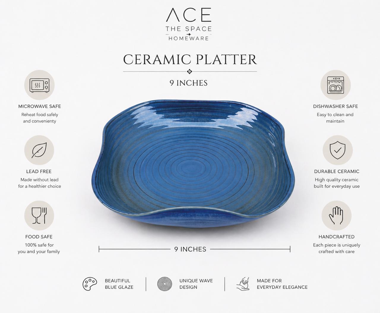 Blue ceramic platter with product details on a white background
