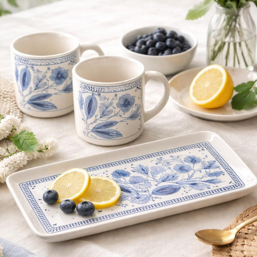 Two blue and white mugs on a decorative tray with lemons and berries on a light surface.