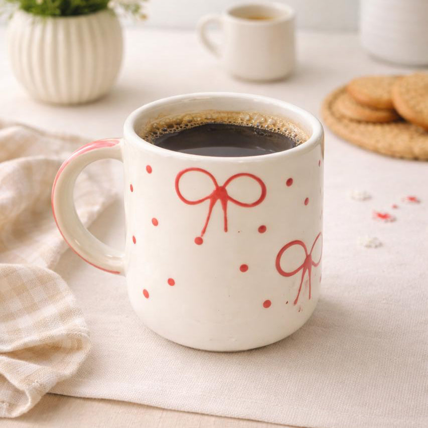 Cup of coffee with decorative bows on a table with flowers and cookies.
