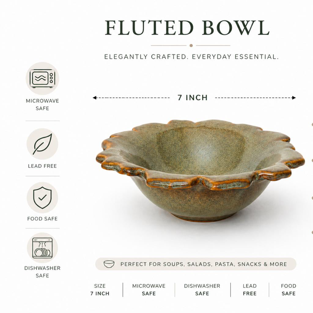 Fluted bowl with product features on a white background
