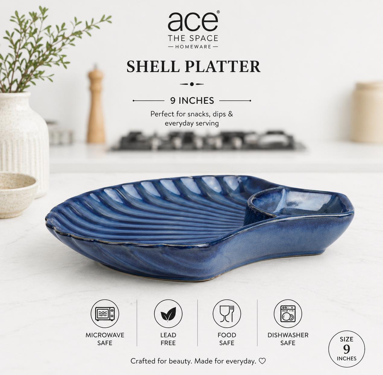 Blue shell platter with 'ace' branding on a white background