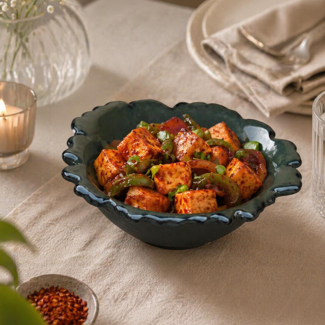 Bowl of tofu dish on a table with candles and plates in the background