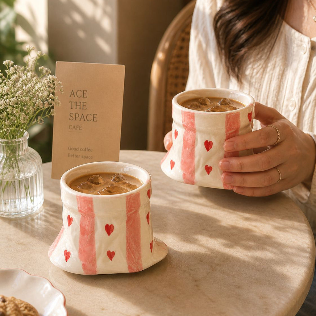 Two ceramic cups with heart patterns on a wooden table, one being held by a person.