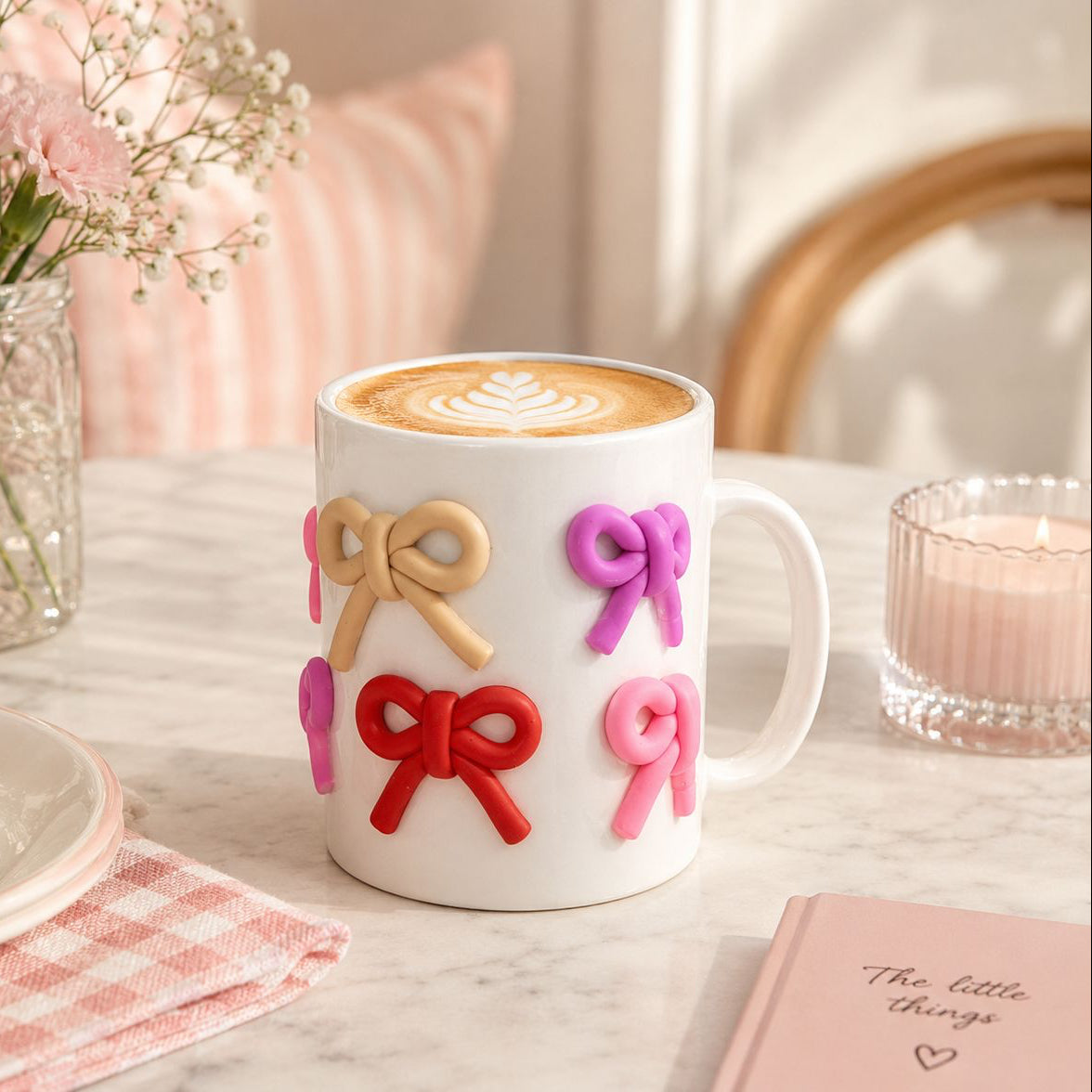 White mug with colorful bow decorations on a table with coffee, cake, and flowers.