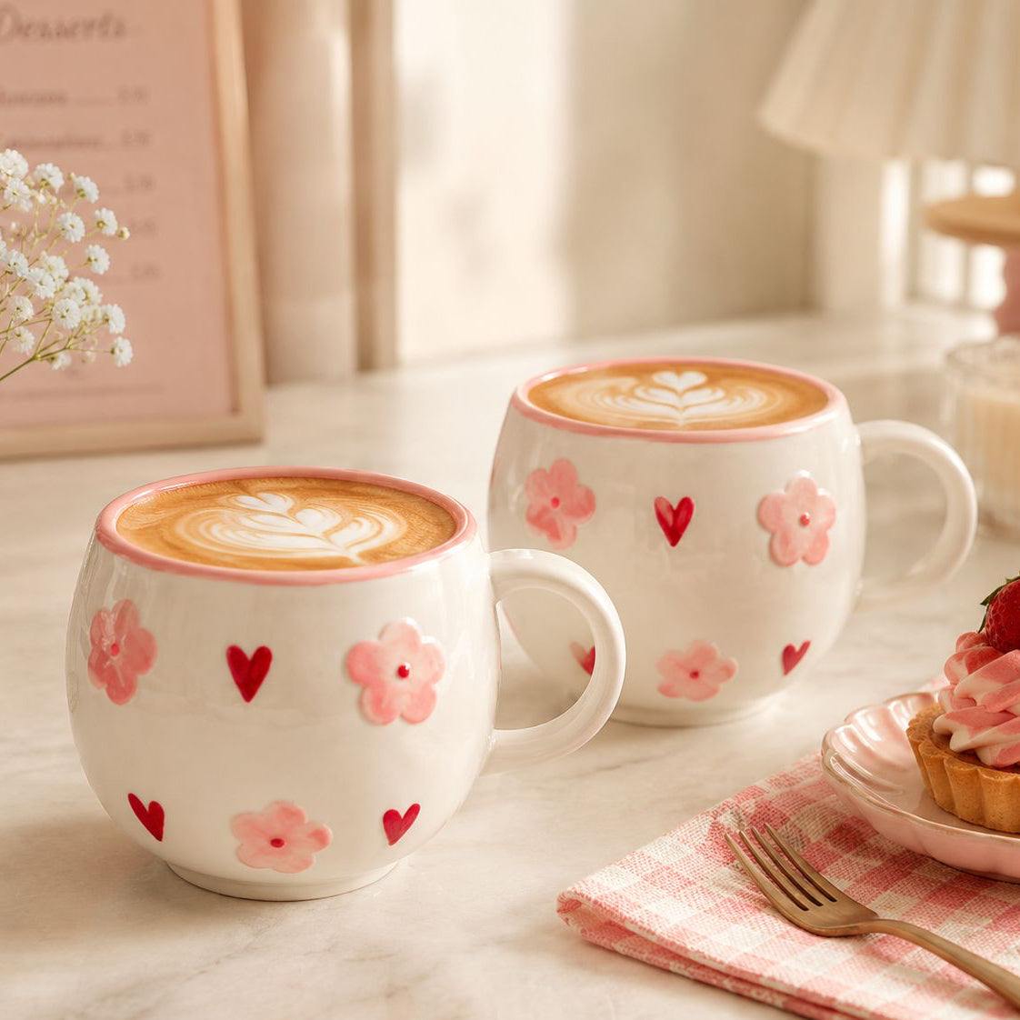 Two mugs with floral designs on a table with a cake and flowers.