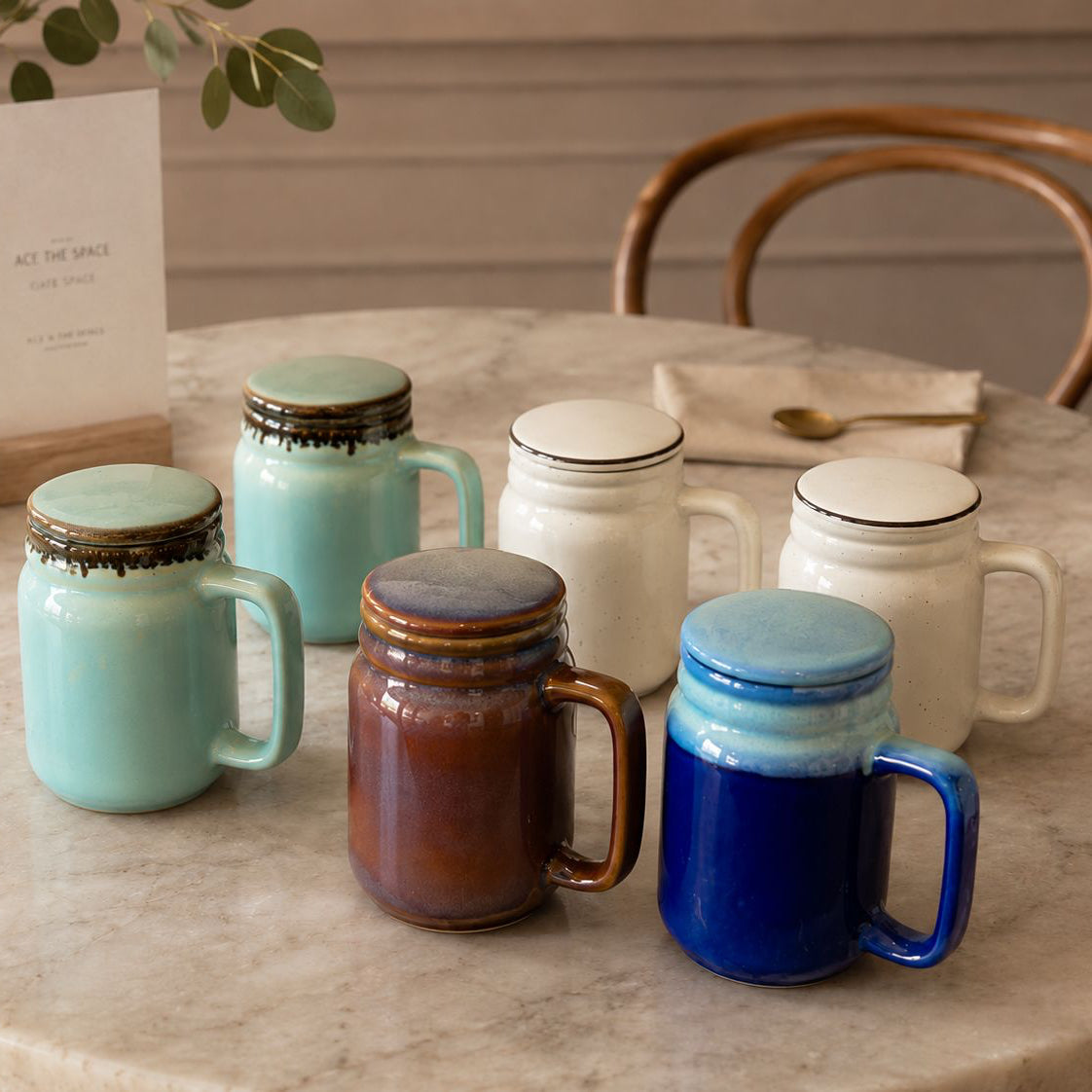 Set of colorful ceramic mugs on a marble table with a neutral background