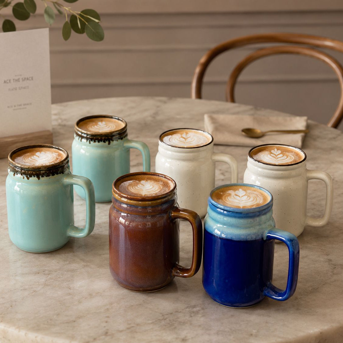 Set of colorful mugs with coffee on a marble table