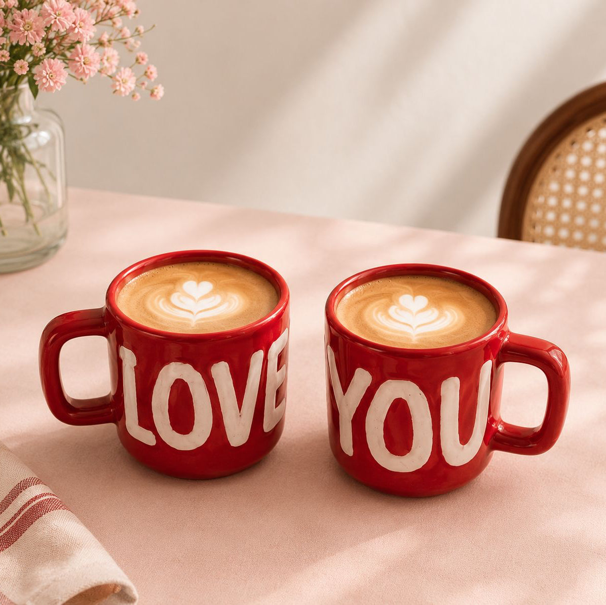 Two red mugs with 'LOVE' and 'YOU' text on a table with a vase of flowers.